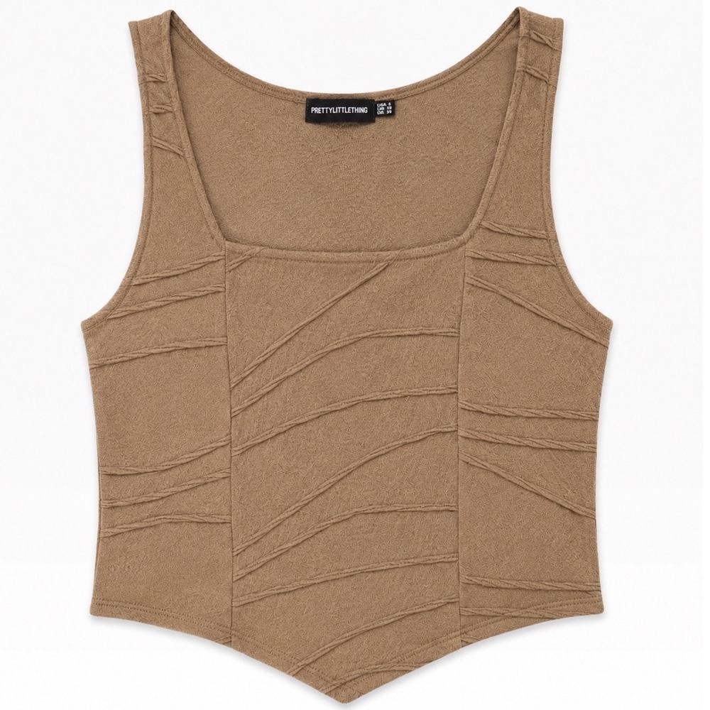 PrettyLittleThing Mocha Sheer Crop Top Textured Seam Pointed Hem Brown USA 12